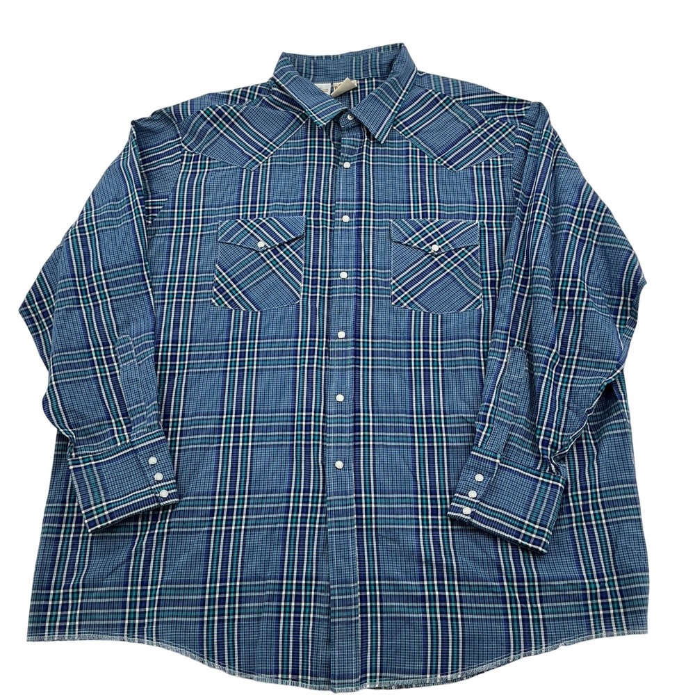 Western Frontier Pearl Snap Shirt Men 3XL Blue Plaid Western Yoke Cowboy Vintage